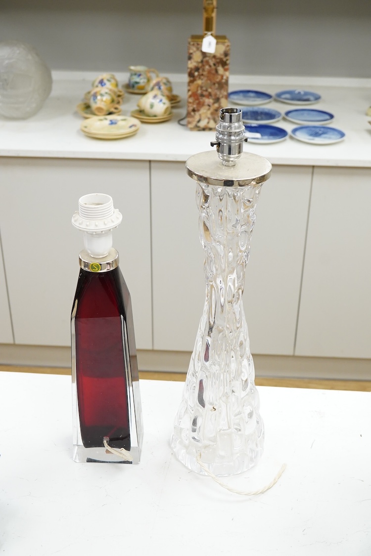 Two mid-century Orrefors glass table lamp bases, largest 49cm high including the fitting